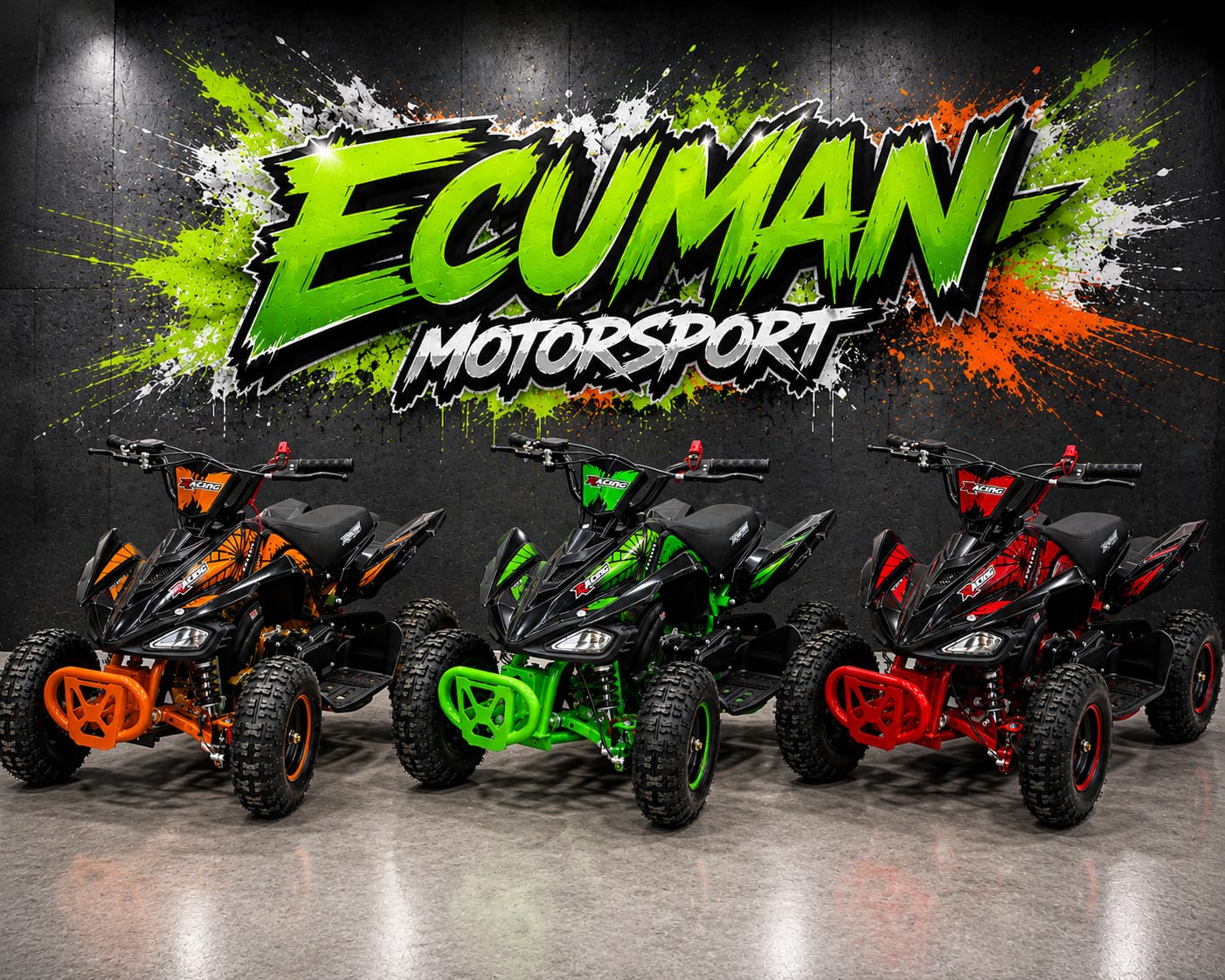 Ecuman Motorsport turuncu, yeşil ve kırmızı çocuk ATV vitrin görseli